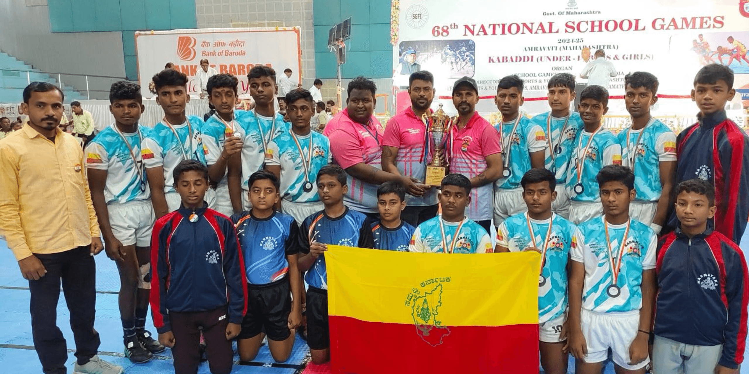 VBlooms kabaddi team with medals and coaches